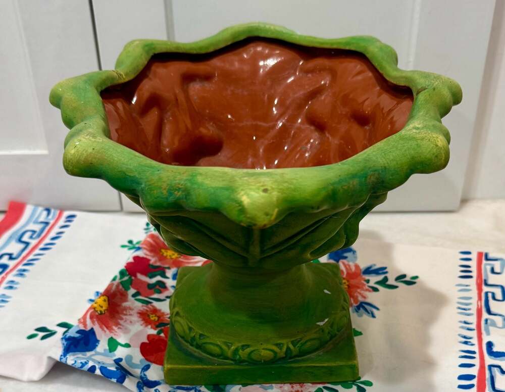Vintage Mid-Century Majolica Style Green Cabbage Leaf Pedestal Compote Dish